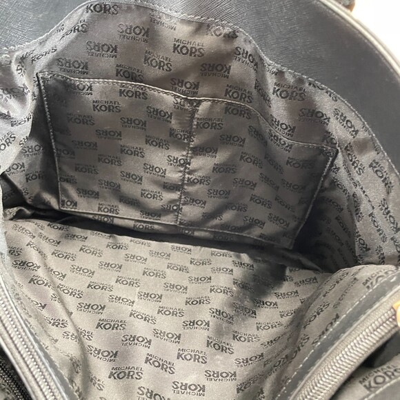 Michael Kors Jet Set Signature Large Tote Purse Black Leather Snap Outer Pocket - Picture 5 of 8